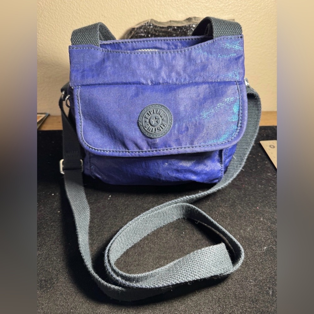 Kipling Small Crossbody Bag Metallic Blue Purple Nylon Adjustable Strap